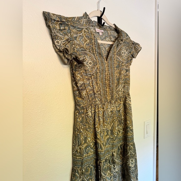 NEW Boemo Anthropologie Paisley Green Ruffle Maxi Dress Tiered Medium NWT - Picture 2 of 7